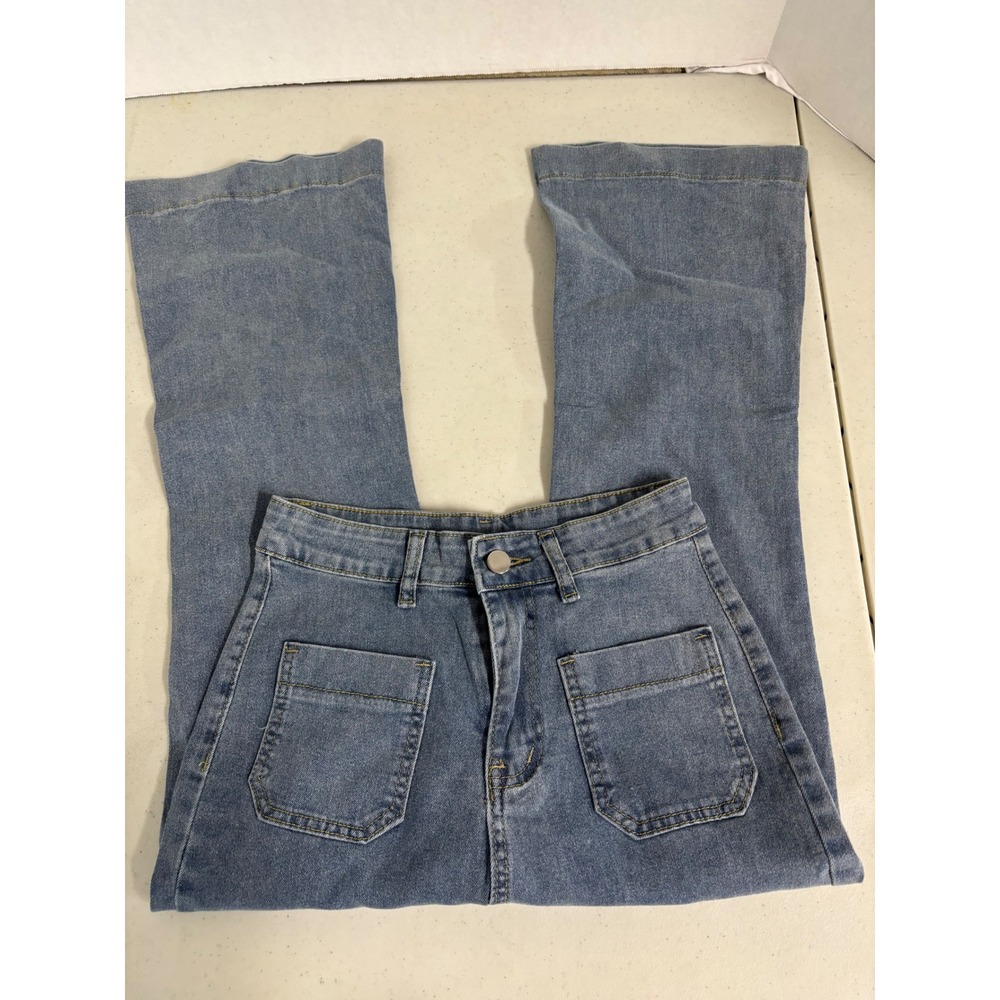 Unbranded High Waisted Wide Leg Jeans Medium‎ Wash Patch Pockets Size S 2468